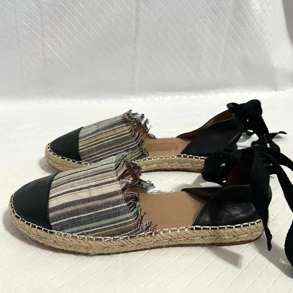 Caslon Lace Up Espadrille Striped Canvas Black Leather Capped Toe Flats Size 7.5